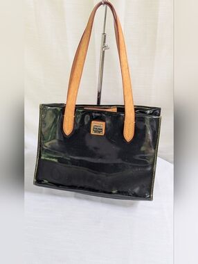 Dooney & Bourke Black Patent Tote with Tan Leather Handles